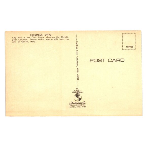 Columbus Ohio City Hall Civic Center Postcard Christopher Columbus Statue Genoa - Picture 2 of 2